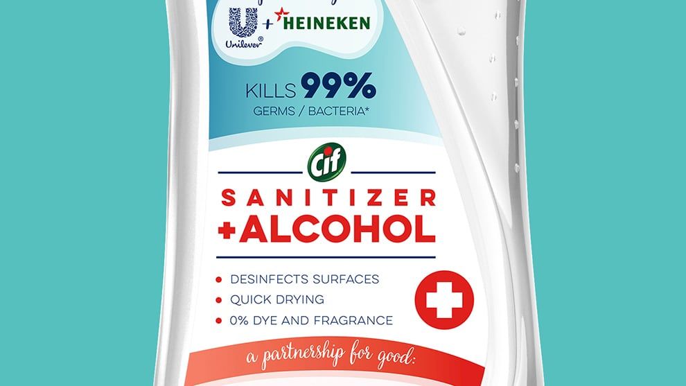 Cif surface cleaner pack. Unilever Brazil teamed up with Heineken to manufacture a special batch of Cif household cleaner.