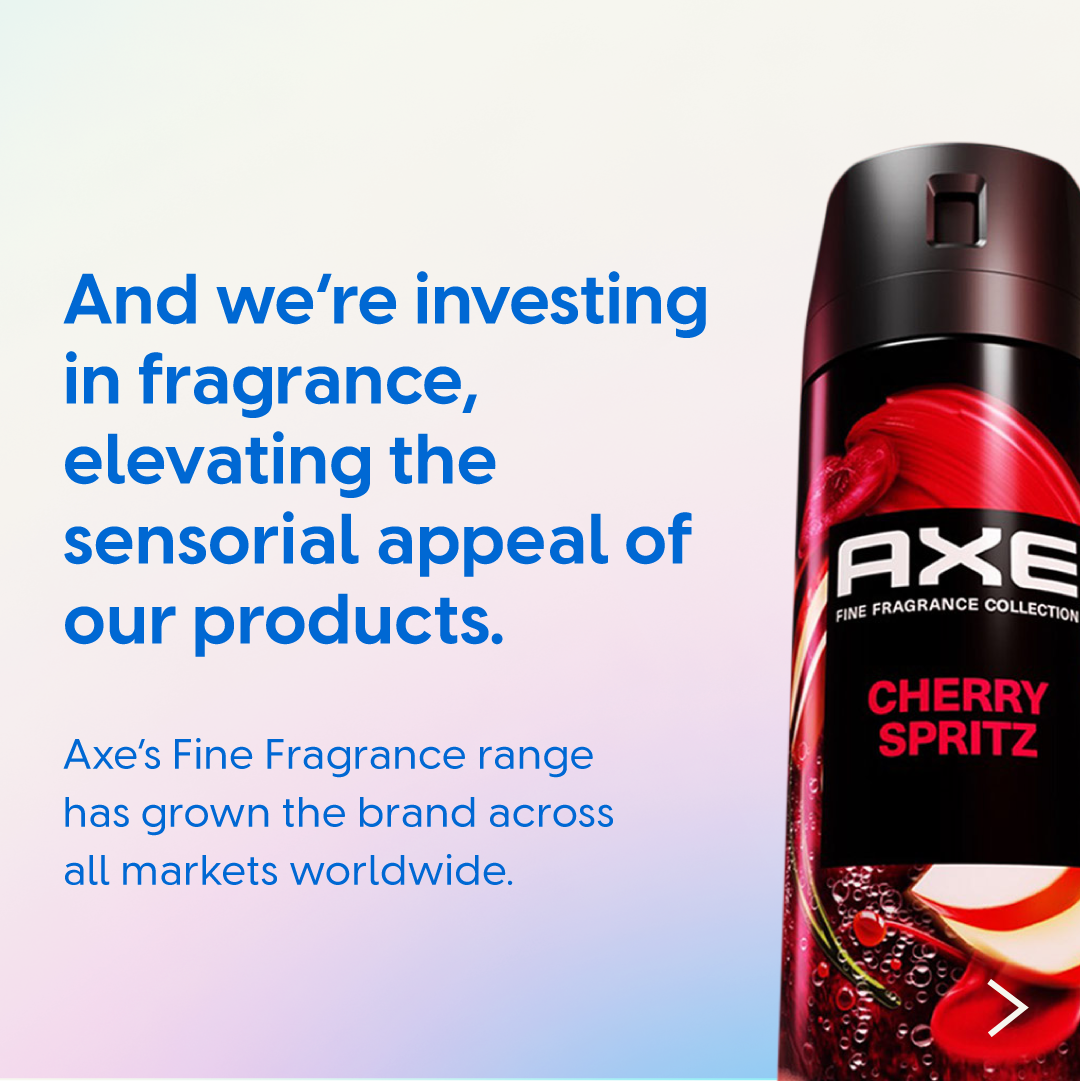 Graphic featuring an Axe Fine Fragrance ‘Cherry Spritz’ deodorant can on the right. Text describes Unilever’s investment in fragrance to elevate product sensorial appeal and states that the Fine Fragrance range has expanded the brand globally.