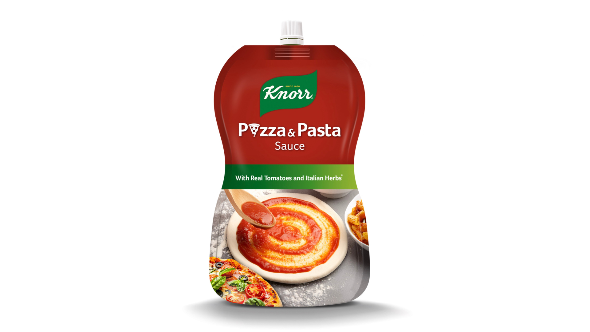 Knorr Pizza and Pasta Sauce pouch made with real tomatoes and Italian herbs, shown spreading rich red sauce on fresh pizza base.
