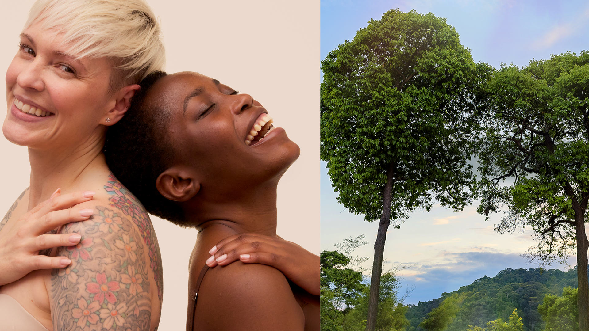 Women stand back to back next to an image of trees that are growing side by side. 