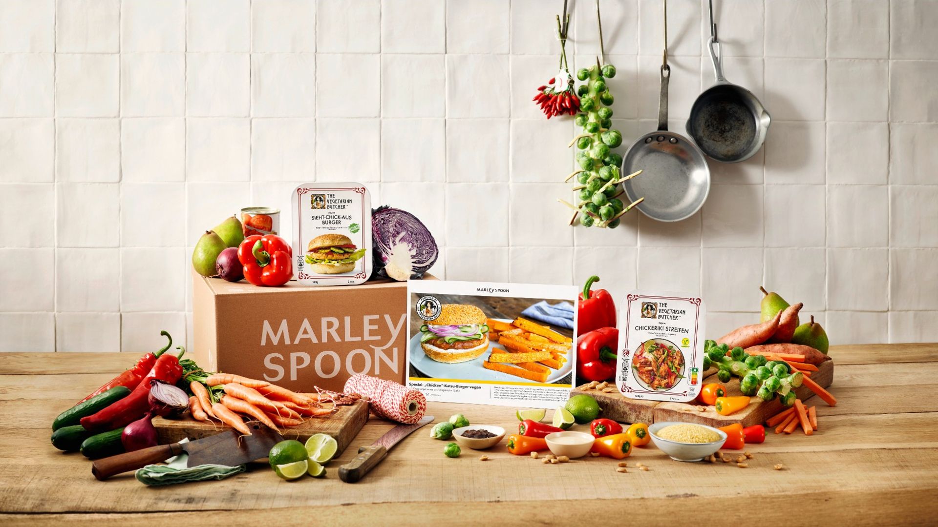 Marley Spoon vegan meal kit box with all the veg and Vegetarian Butcher products to make a vegan meal from scratch 