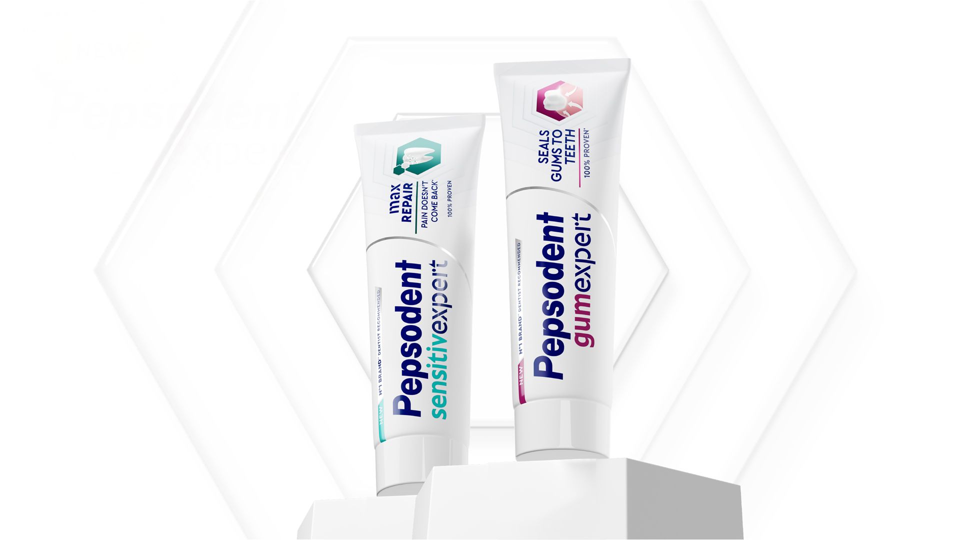Two tubes of Pepsodent toothpaste displayed on white pedestals. The left tube is labelled ‘Pepsodent Sensitive Expert – Max Repair’ and the right tube is labelled ‘Pepsodent Gum Expert – Seals Gums to Teeth’.