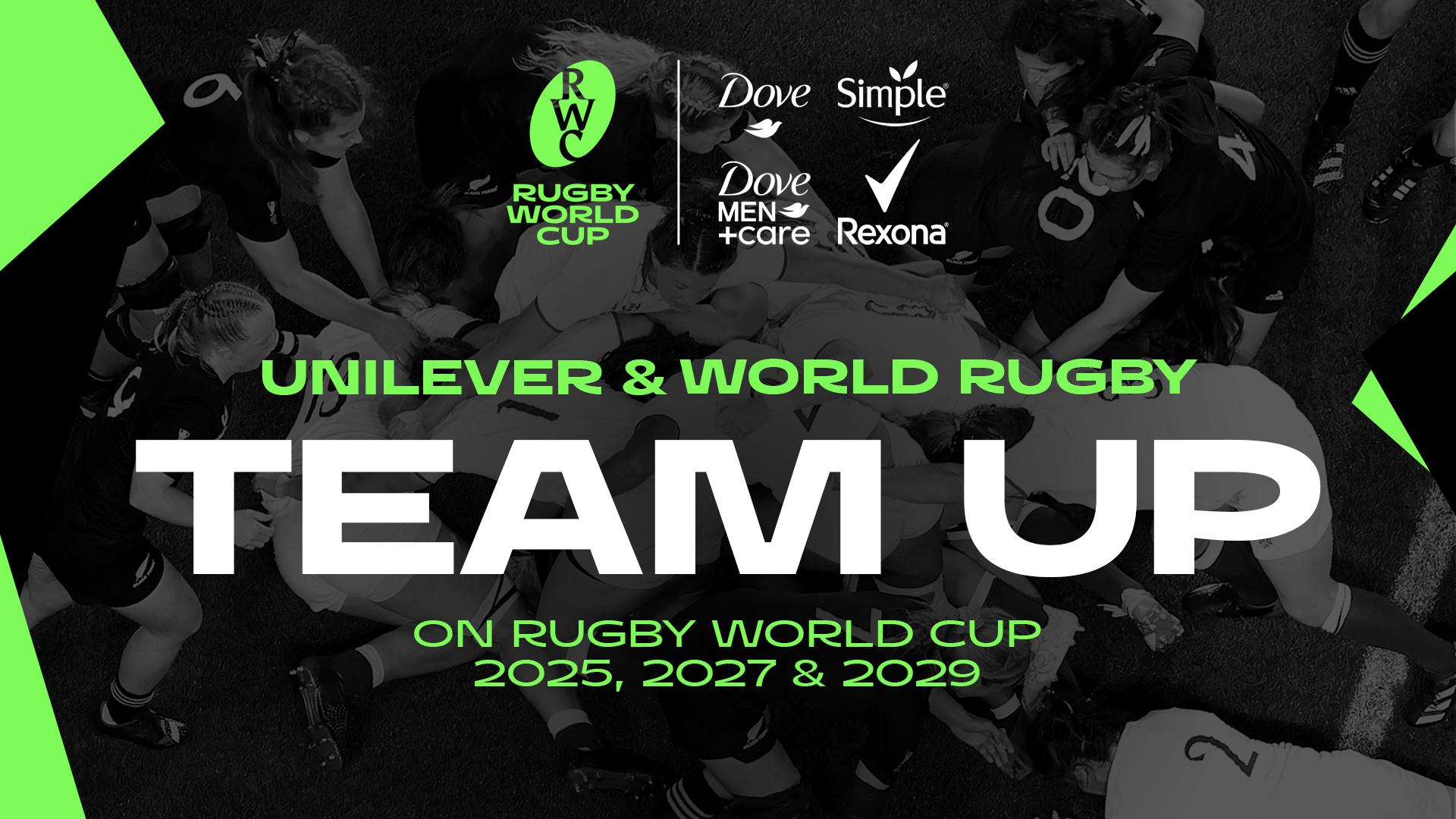 The logos for Rugby World Cup, Dove, Dove Men+Care, Simple and Rexona are shown above the words ‘Unilever and World Rugby team up on Rugby World cup 2025, 2027 and 2029.’