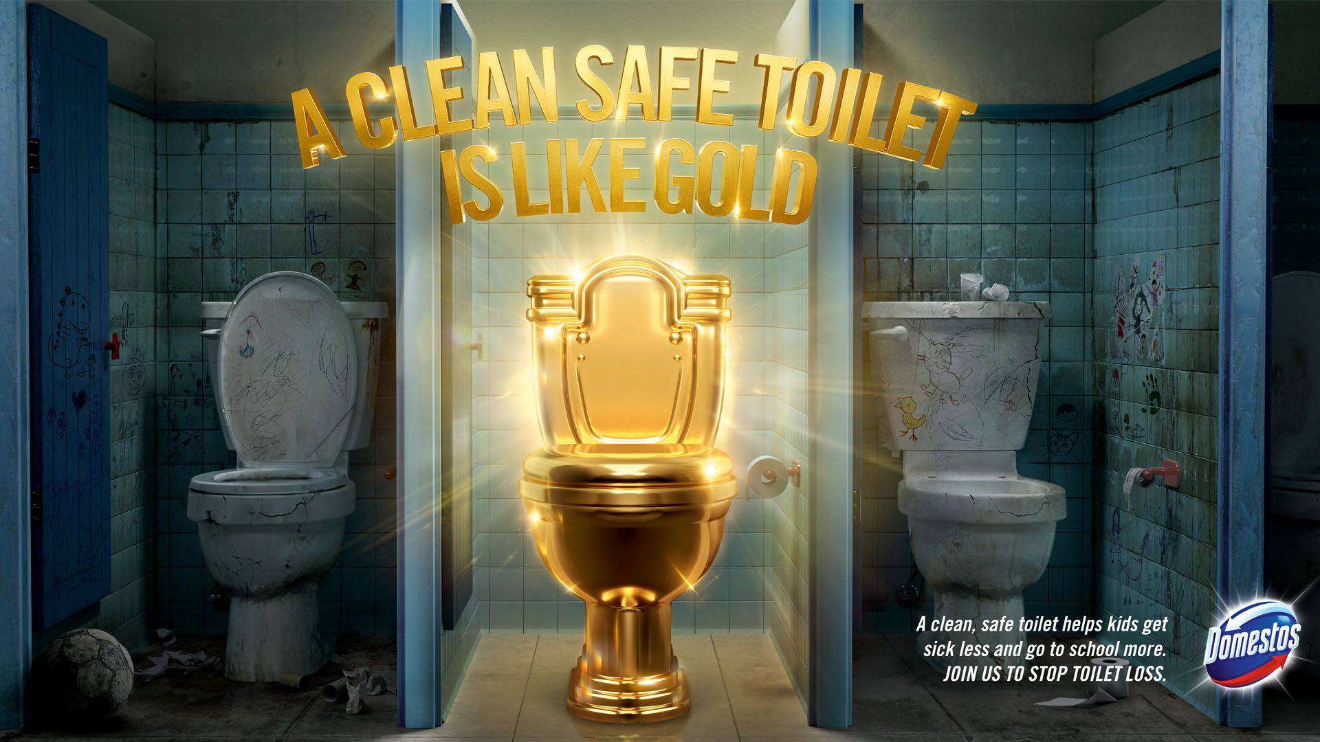 Image of a golden toilet seat with text “A clean safe toilet is like gold”