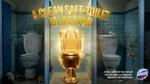 Image of a golden toilet seat with text “A clean safe toilet is like gold”