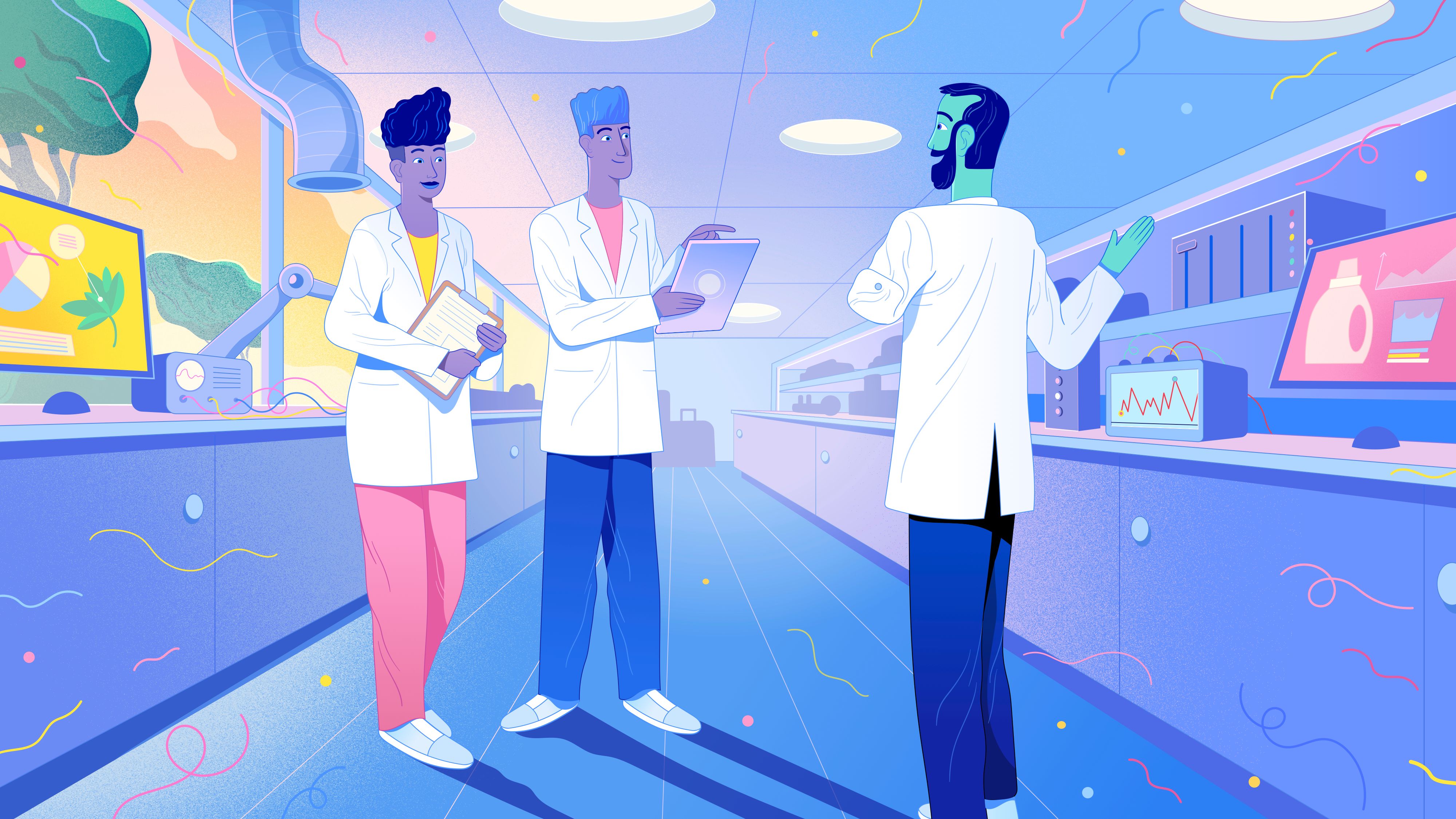 An illustration of two men and a woman in a research and development lab
