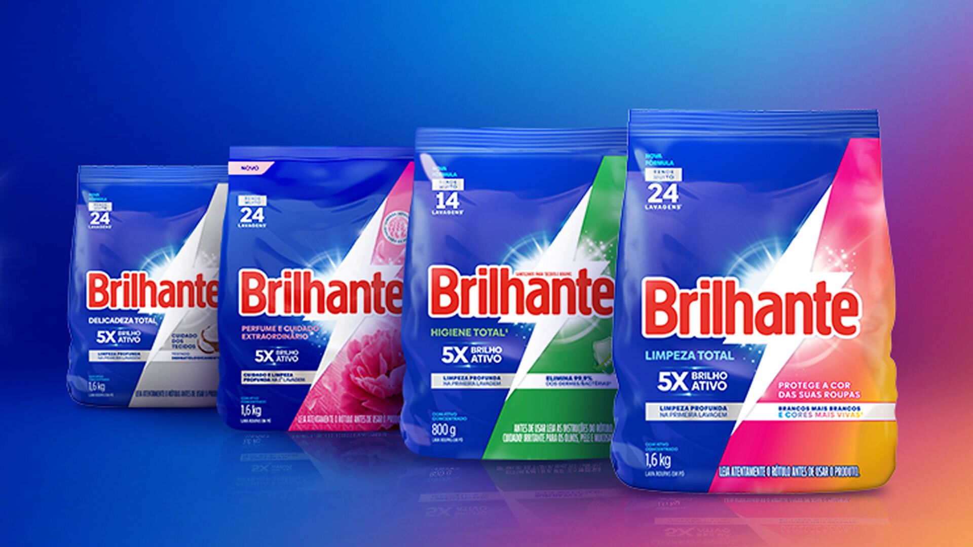 Various Brilhante detergent packages on a gradient blue background.