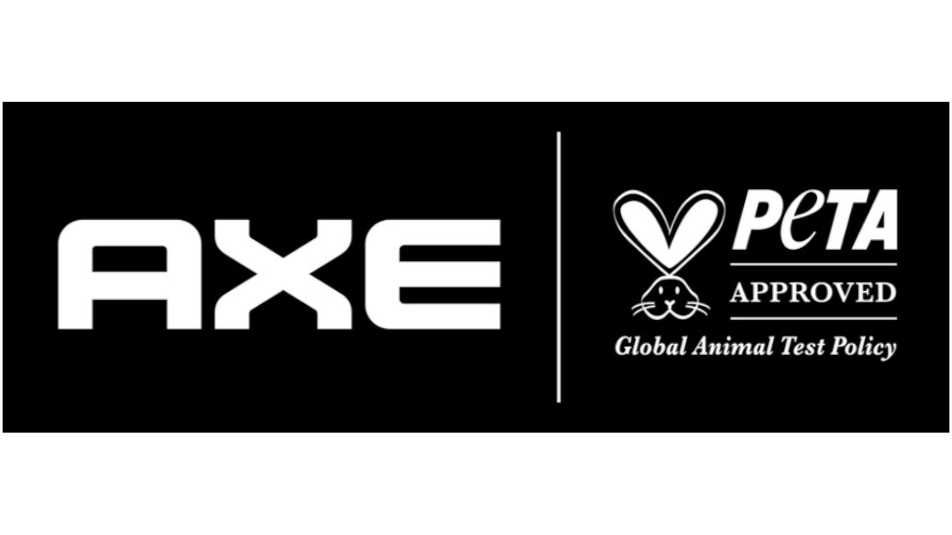 A black rectangle with white text and logos for Axe and PETA, People for the Ethical Treatment of Animals