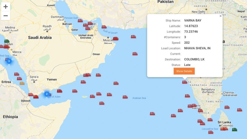 The Virtual Ocean Control Tower dashboard looking over the Indian ocean