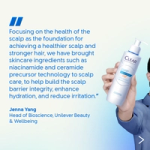 Hand holding CLEAR shampoo; quote highlights niacinamide and ceramide for scalp barrier, hydration, and irritation reduction.