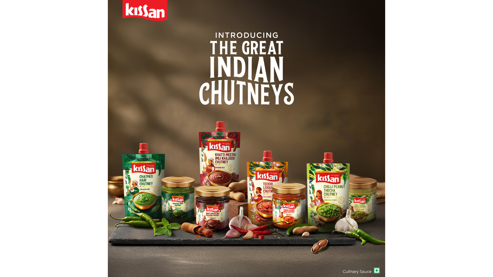 Kissan The Great Indian Chutneys assortment featuring Hari Chutney, Meethi Imli Chutney, Lehsun Chutney and Chilli Peanut Thecha, displayed with fresh Indian ingredients.